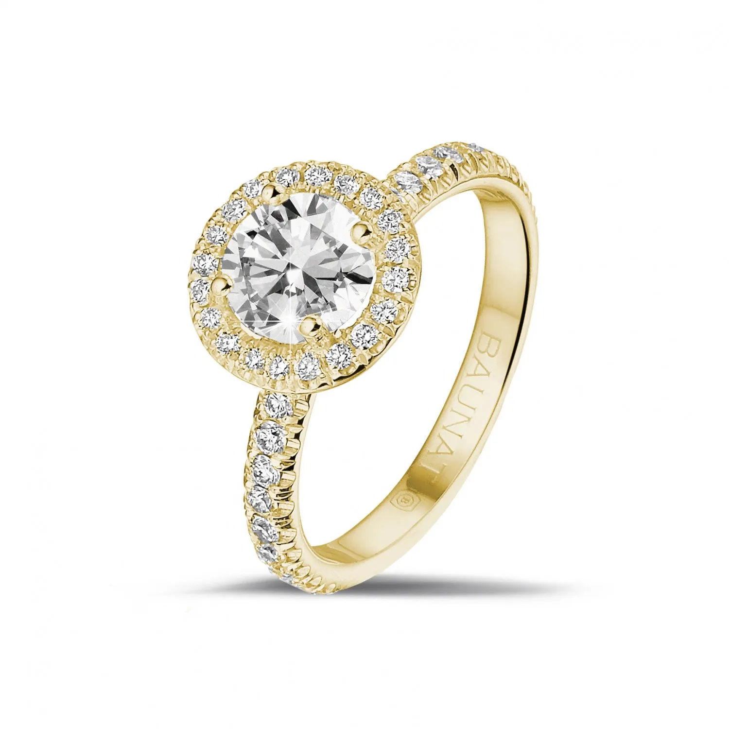 1.00 quilates Halo anillo solitario en oro amarillo con diamantes redondos 