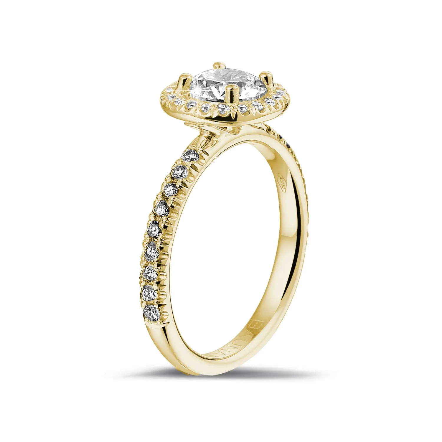 1.00 quilates Halo anillo solitario en oro amarillo con diamantes redondos 