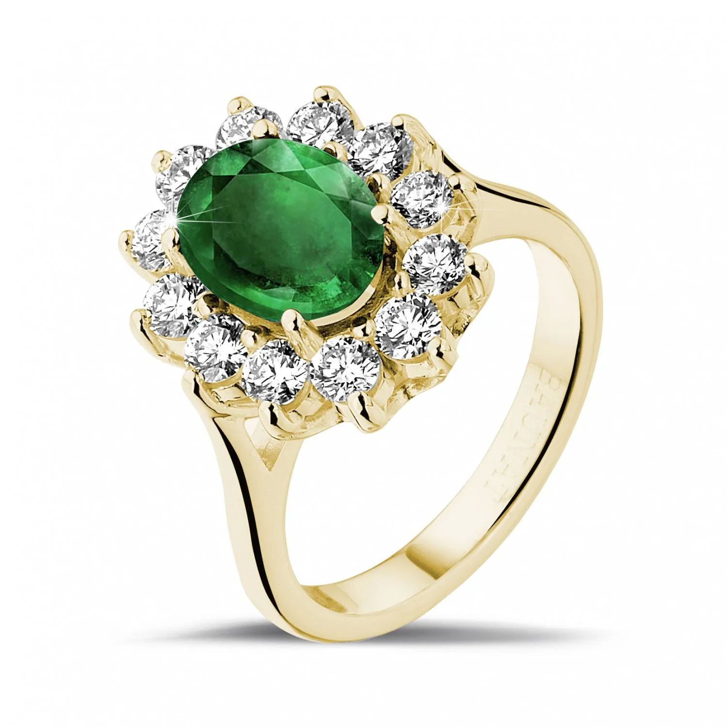 Anillo « entourage » en oro amarillo con esmeralda ovalada y diamantes redondos 