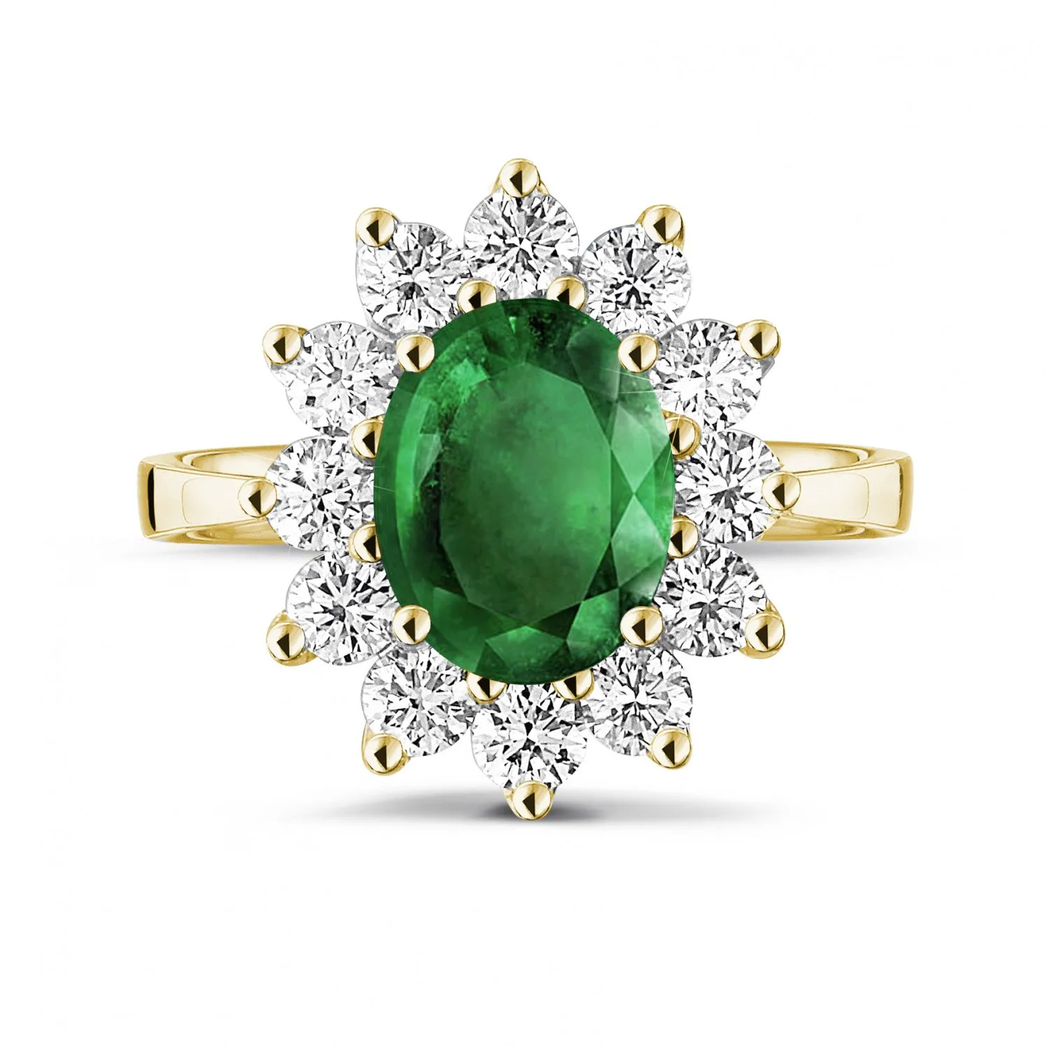 Anillo « entourage » en oro amarillo con esmeralda ovalada y diamantes redondos 