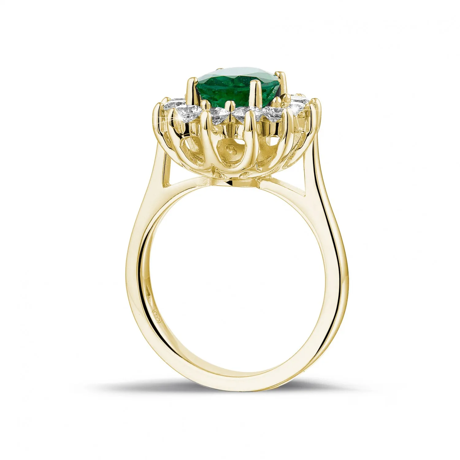 Anillo « entourage » en oro amarillo con esmeralda ovalada y diamantes redondos 