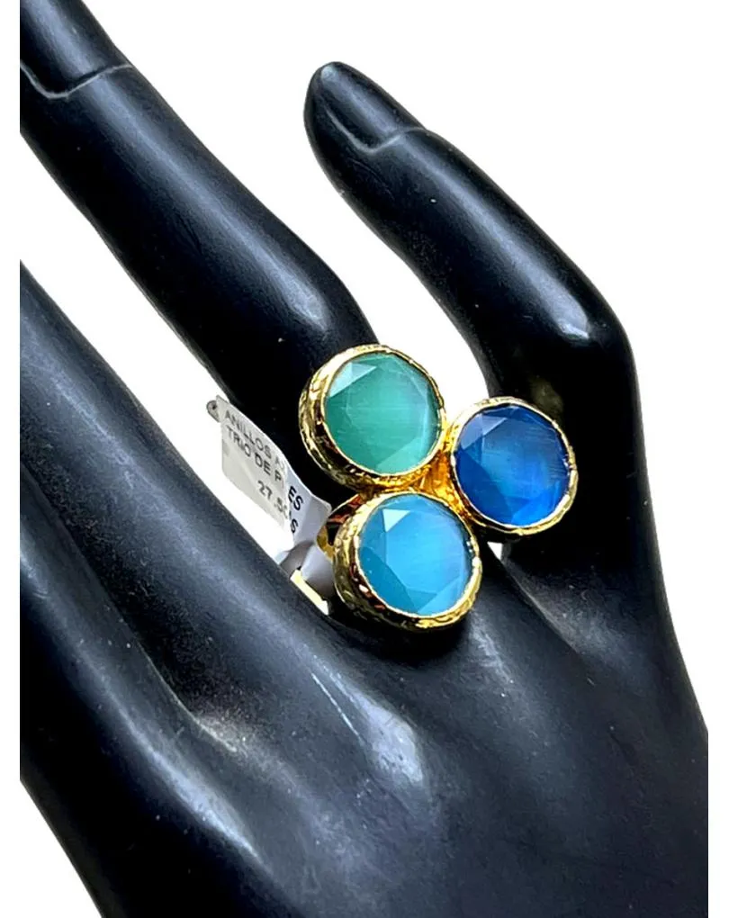 ANILLOS AZULES TRIO DE PIEDRAS OJO DE GATO Y MEDIDA AJUSTABLE