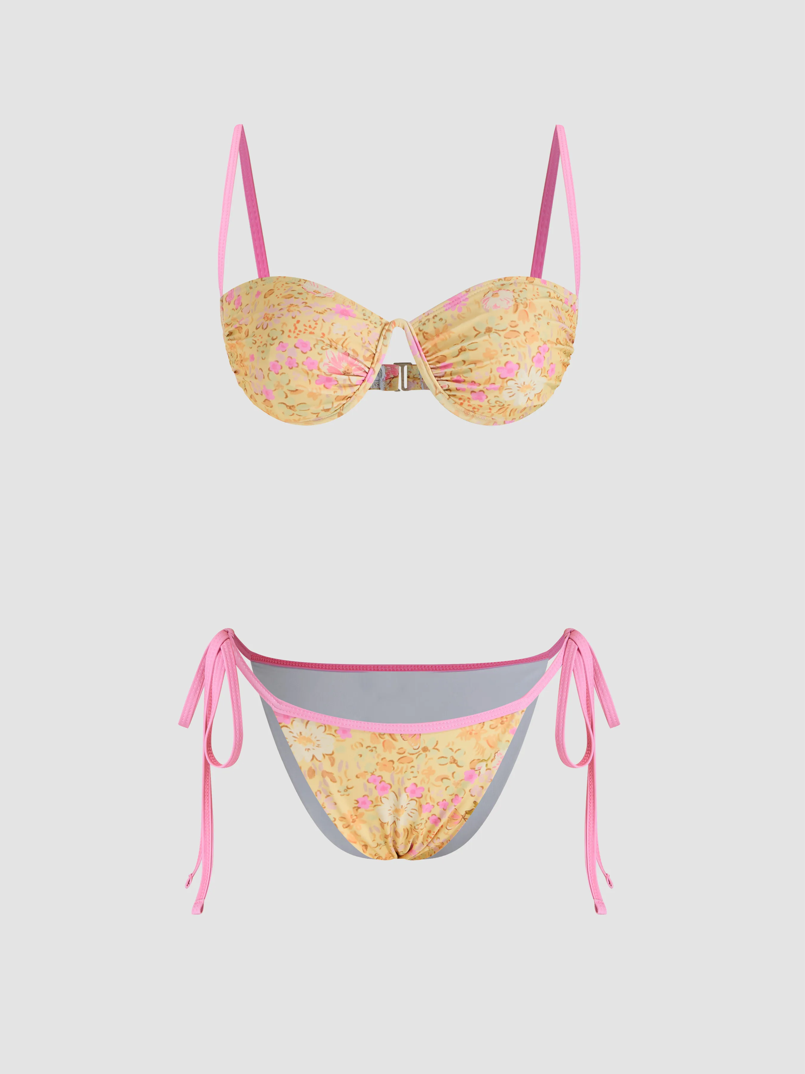 Bikini con Escote Cuadrado y Estampado Floral con Aros y Lazos Laterales