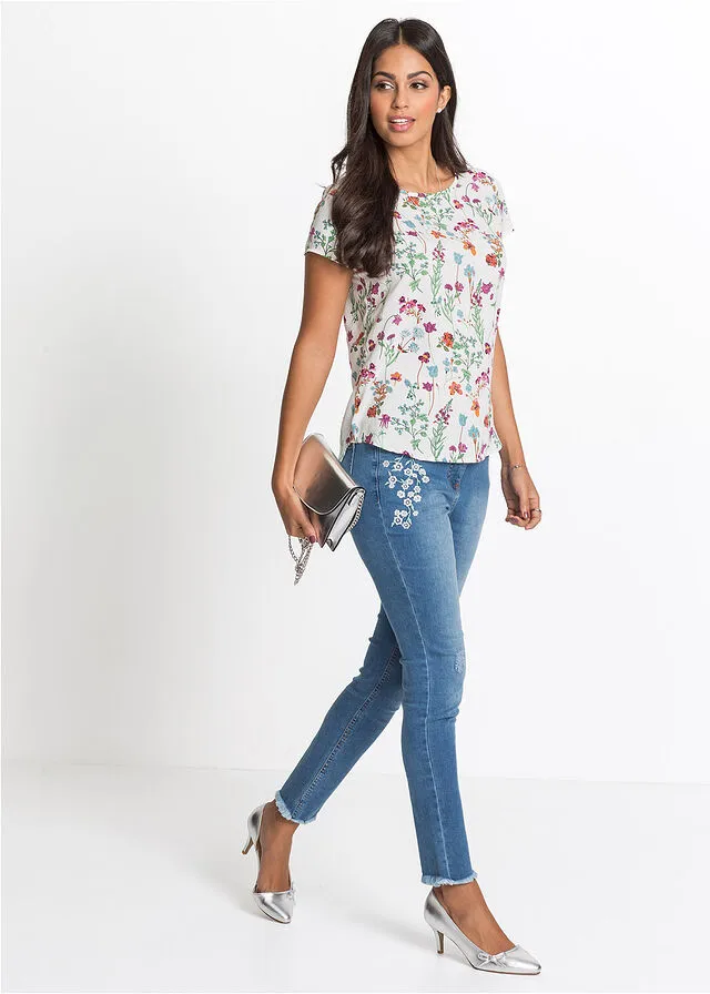Blusa de manga corta Blanco lana de flores