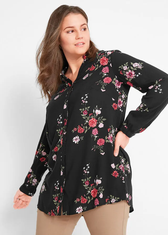 Blusa larga de viscosa con corte ancho Negro con flores