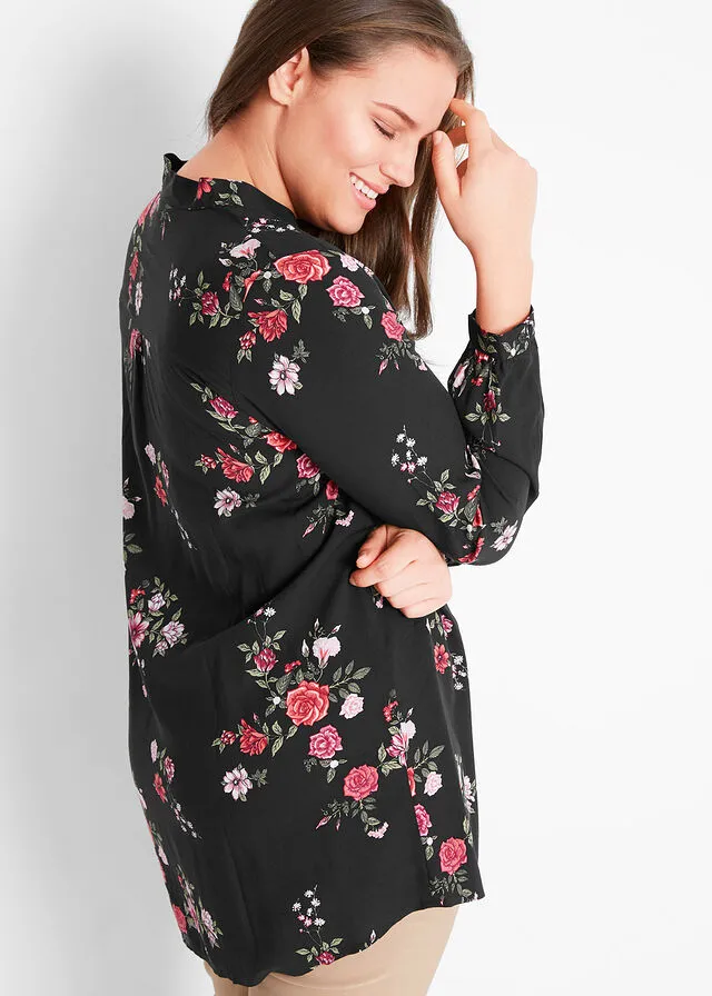 Blusa larga de viscosa con corte ancho Negro con flores
