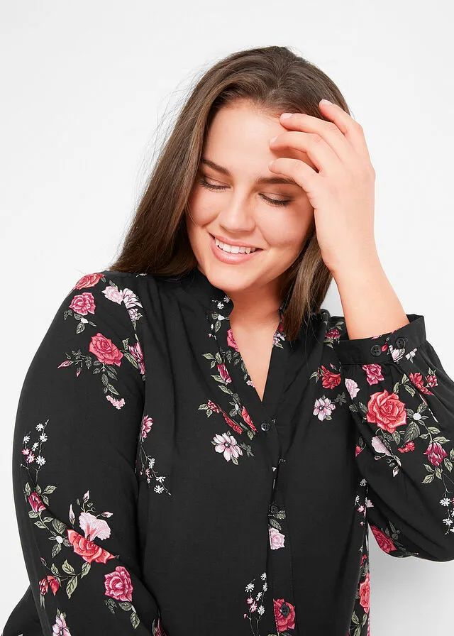 Blusa larga de viscosa con corte ancho Negro con flores