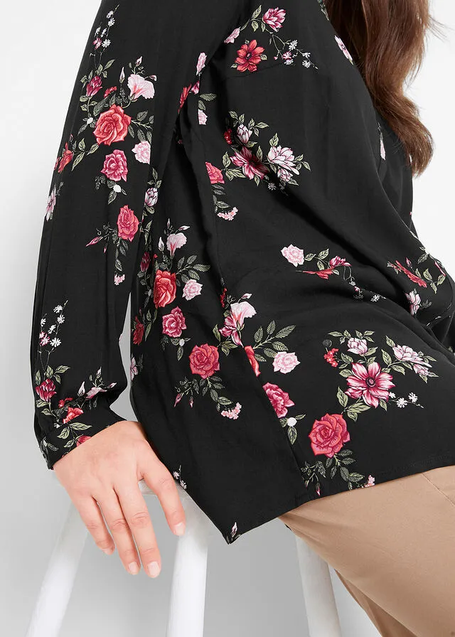 Blusa larga de viscosa con corte ancho Negro con flores