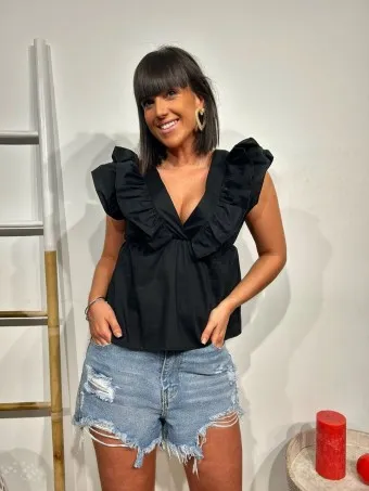 Blusa Popelín Volantes VALIREE Negro