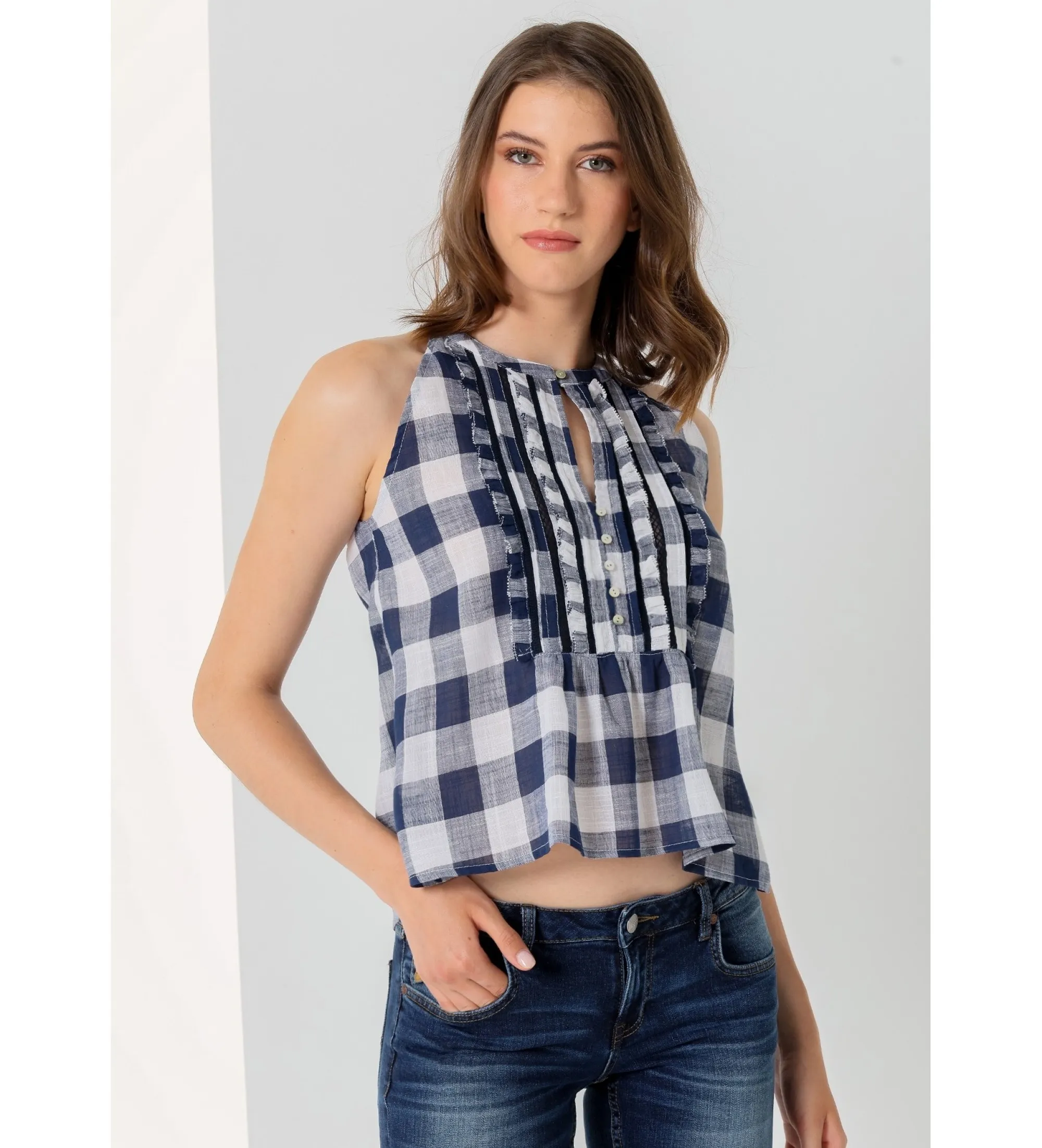 Blusa sin mangas con estampado cuadros vichy marino