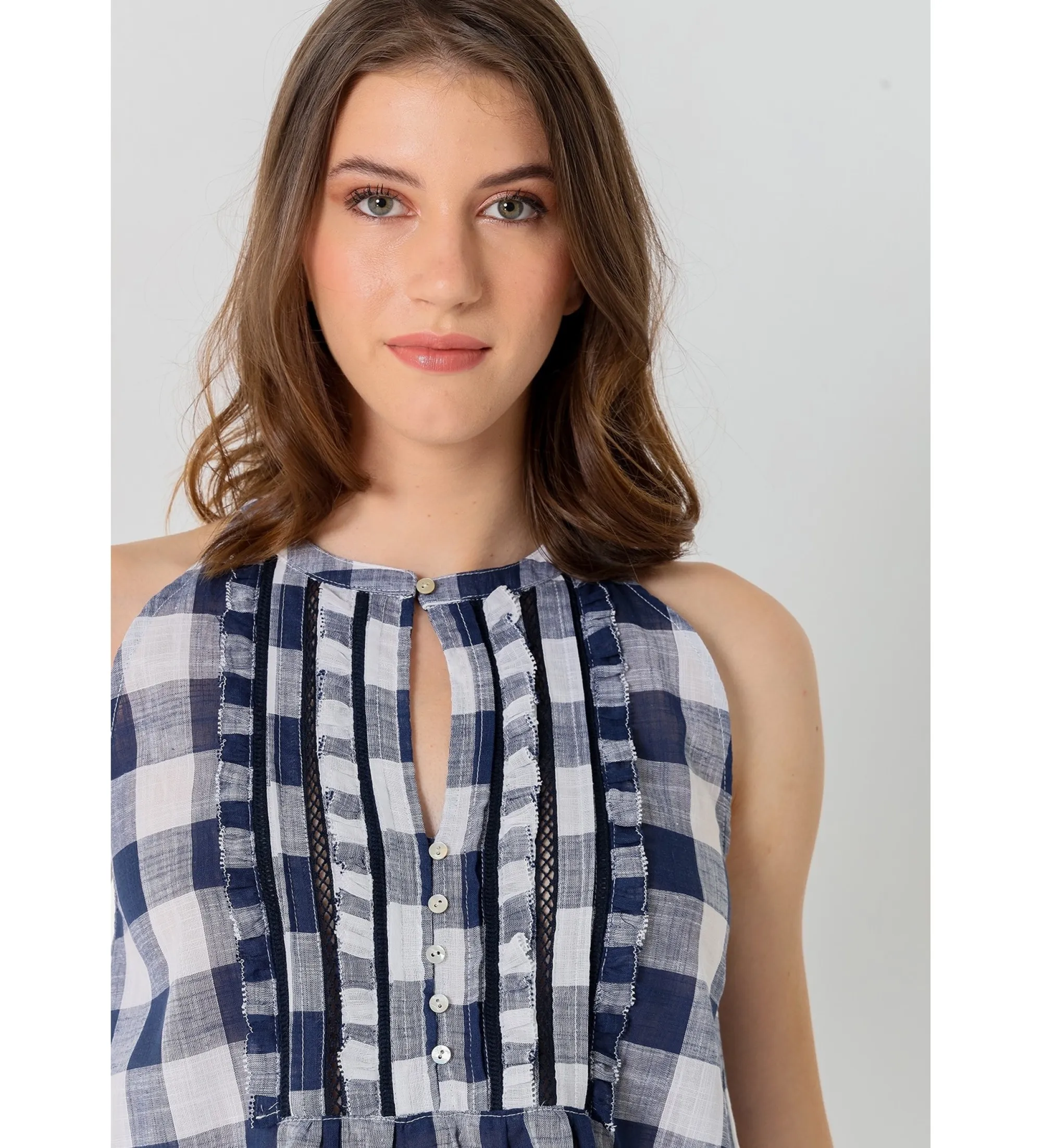 Blusa sin mangas con estampado cuadros vichy marino