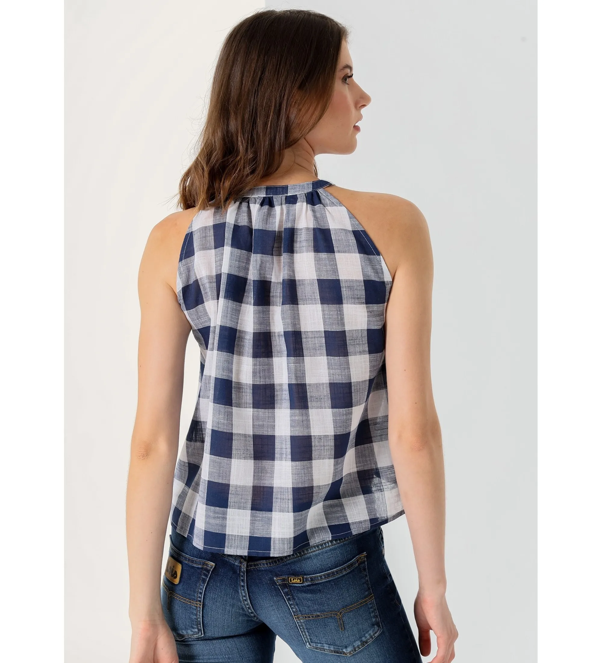 Blusa sin mangas con estampado cuadros vichy marino