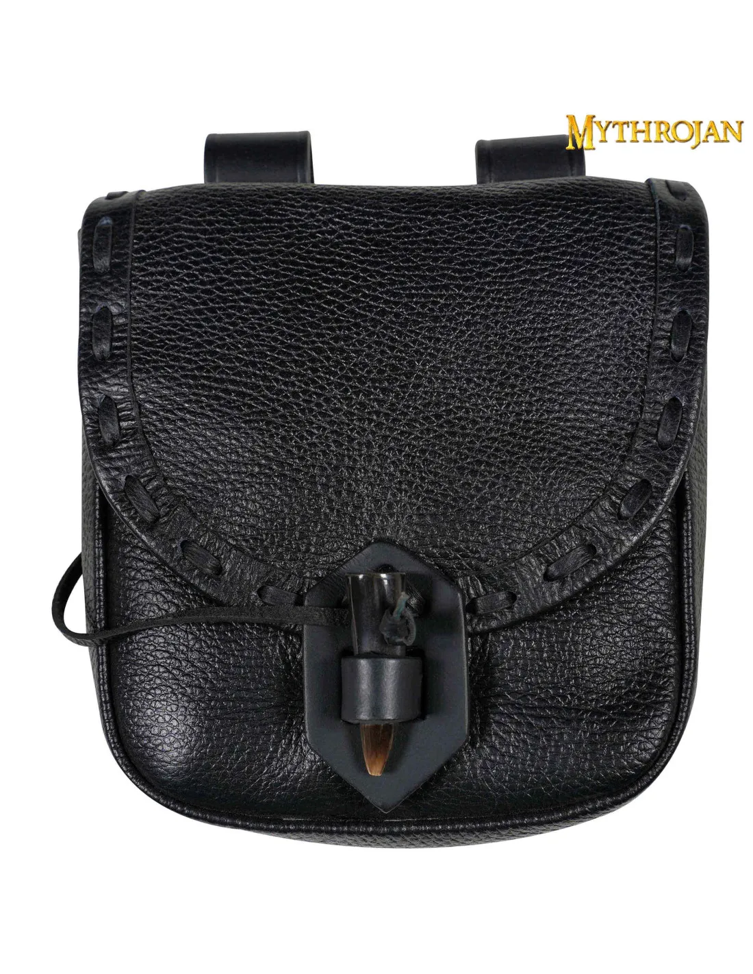 BOLSA MEDIEVAL EN PIEL CON CIERRE DE CUERNO  NEGRA (20X17,5 CM.)