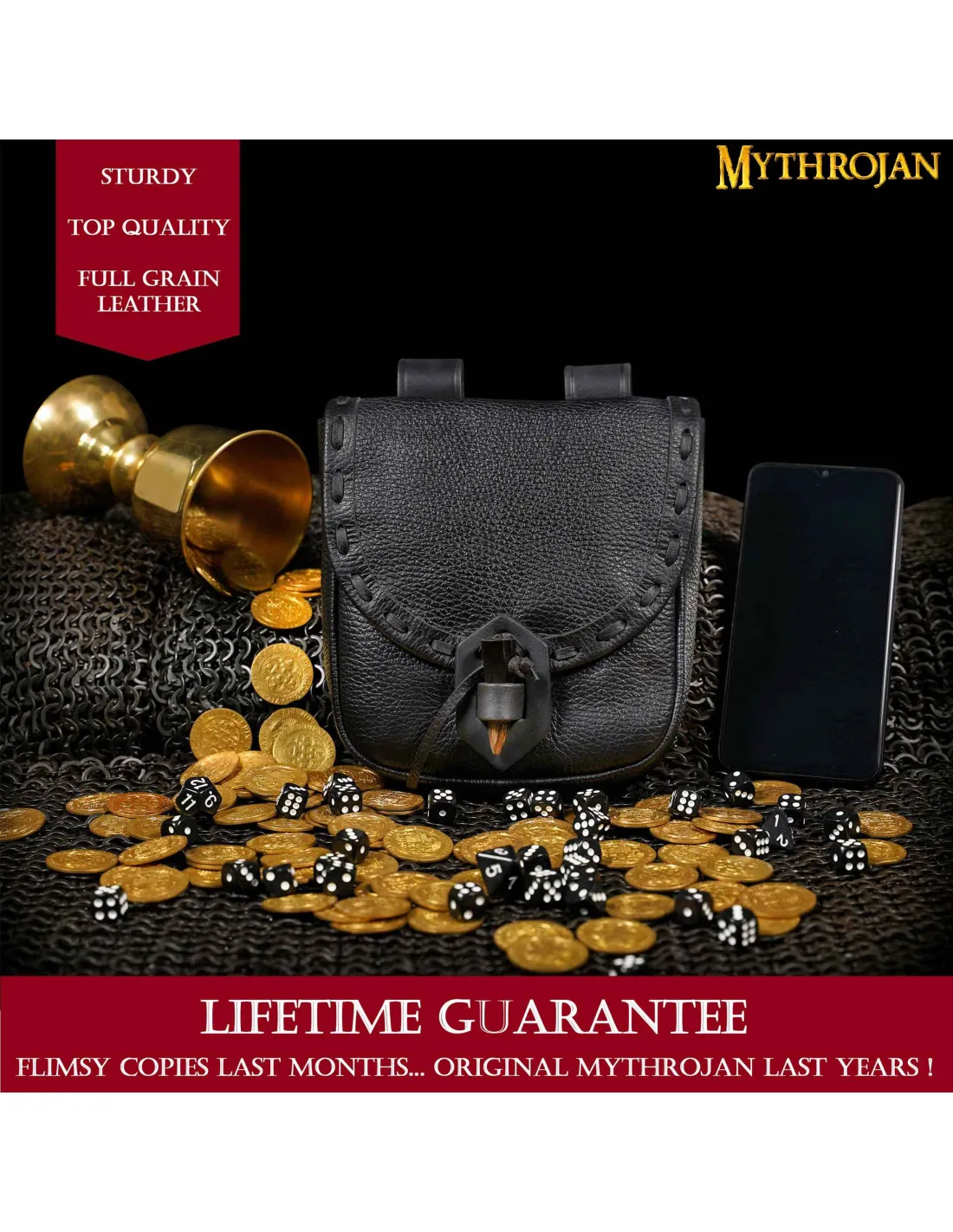 BOLSA MEDIEVAL EN PIEL CON CIERRE DE CUERNO  NEGRA (20X17,5 CM.)