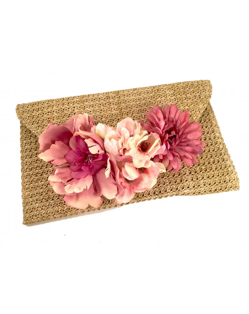 BOLSO DE FIESTA DE RAFIA CON FLORES