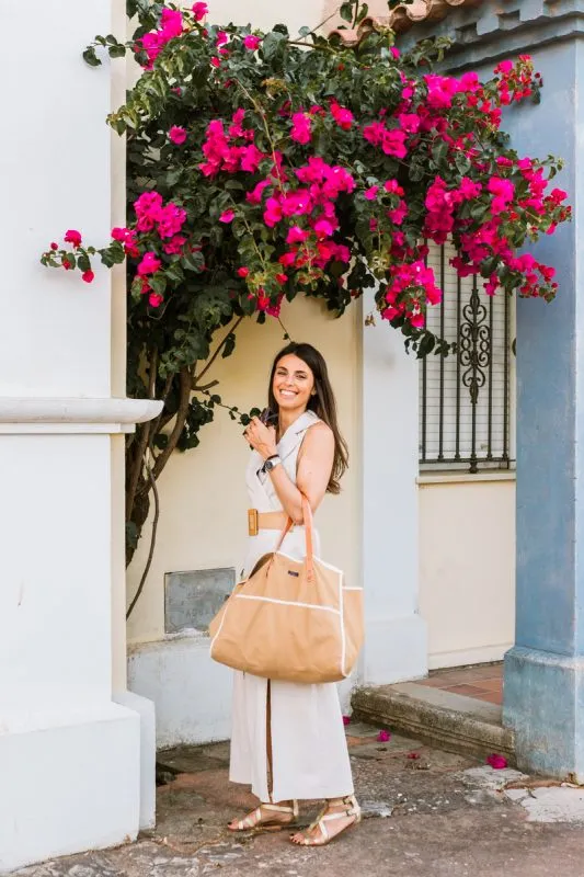 BOLSO DE LONETA DE ALGODóN CON ASAS DE PIEL  TOBACCO CAROLINE