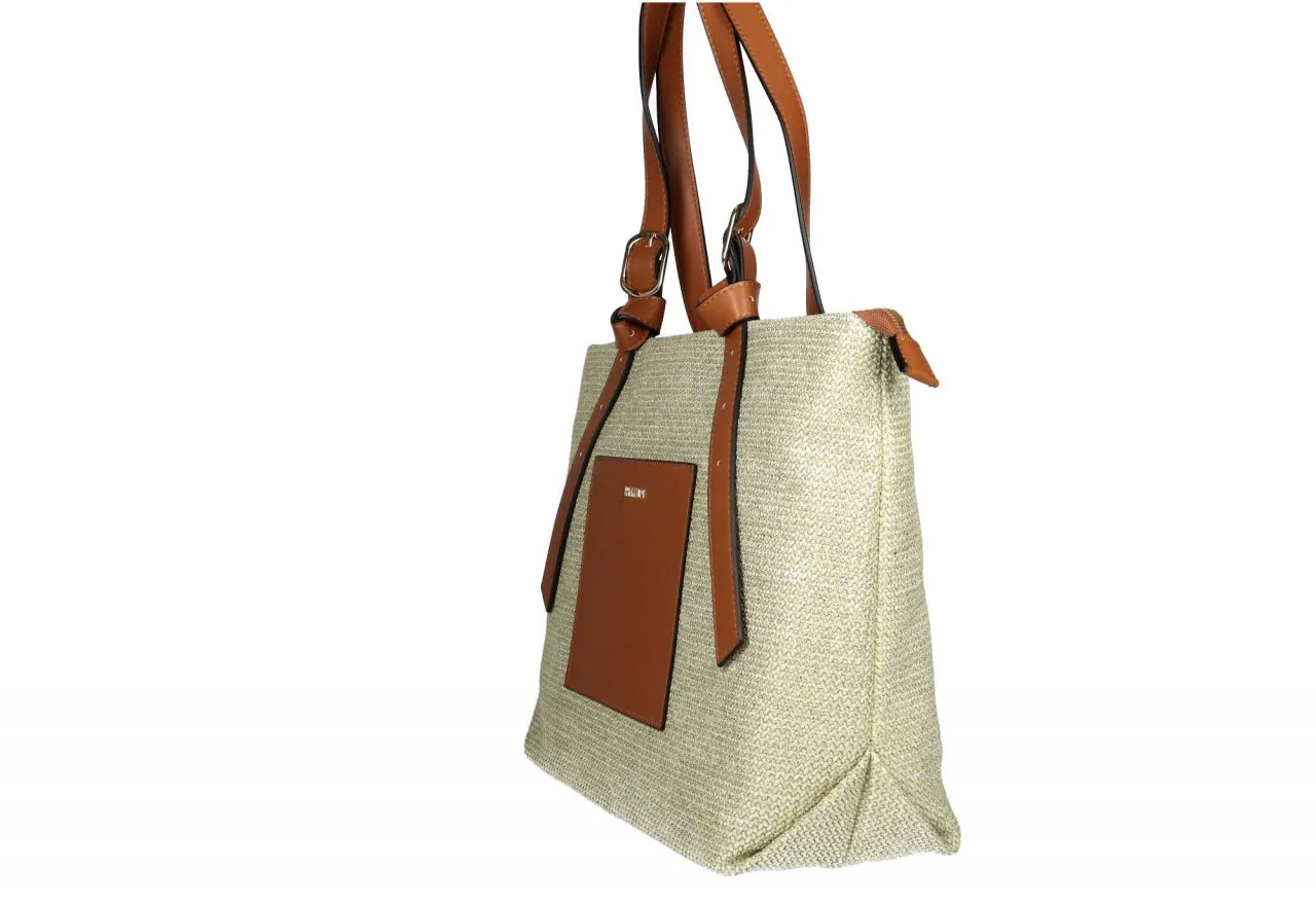 Bolso Espiga Oro Bolsillo y Asas Cuero