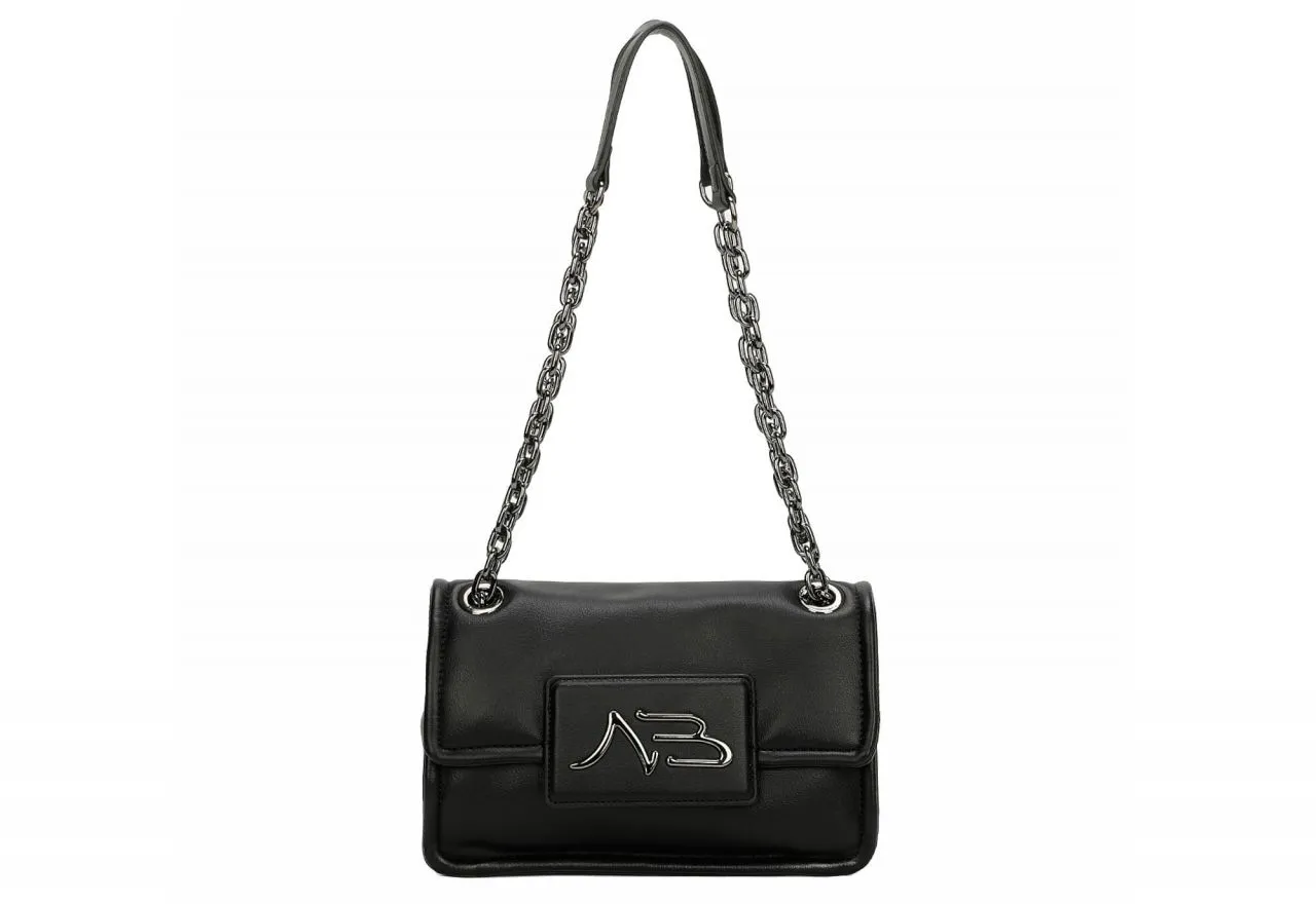Bolso Negro Solapa Pieza Logo Asas Cadena Eslabones