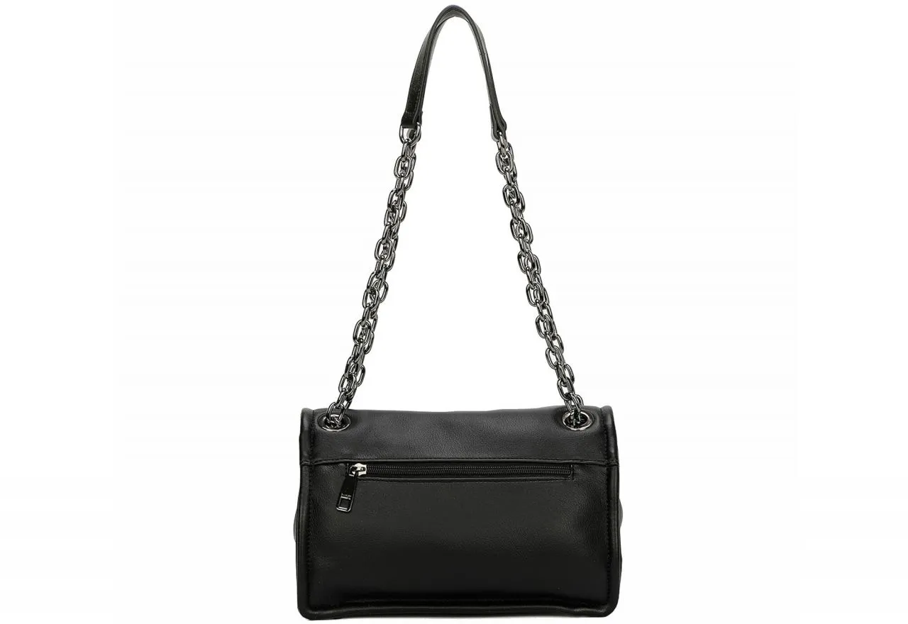 Bolso Negro Solapa Pieza Logo Asas Cadena Eslabones