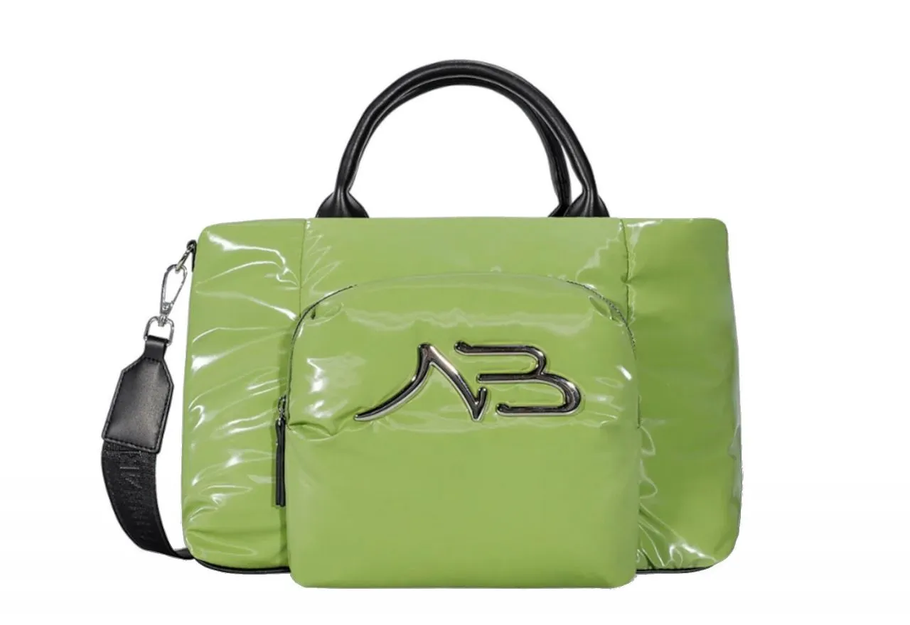 Bolso Nylon Verde Acolchado Bolsillo Delantero Asas Negras