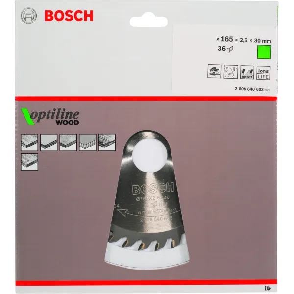 BOSCH  OPTILINE WOOD  HOJA DE SIERRA CIRCULAR,MADERA, 165X30X2.6MM, 36 DIENTES