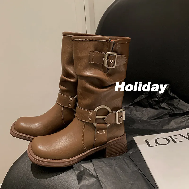 Botas de hebilla occidental de cuero suave genuino Botas de barril de barril Medio Caballero Botas sin correo para niños