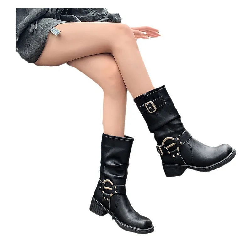 Botas de hebilla occidental de cuero suave genuino Botas de barril de barril Medio Caballero Botas sin correo para niños
