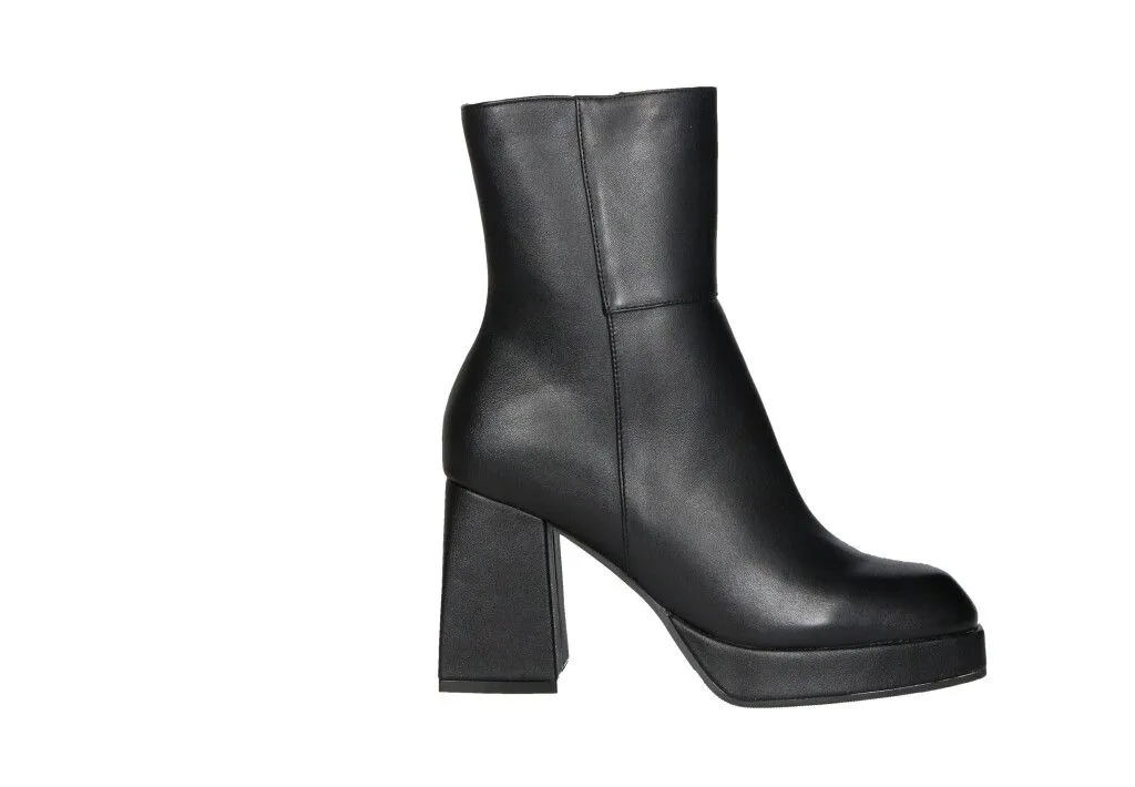 Botin Cremallera Piel Negro CaÑa Corte Pespuntes Tacon Grueso Alto
