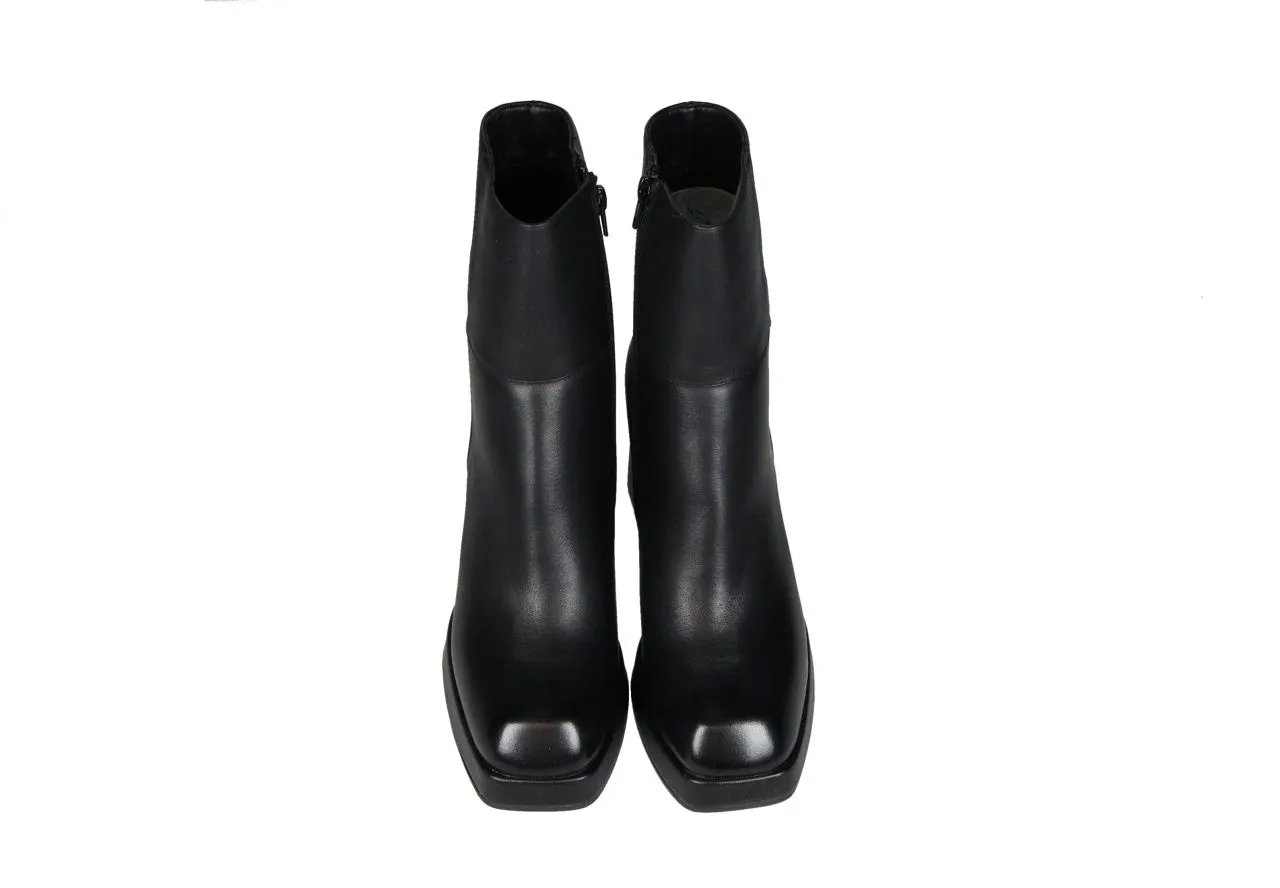 Botin Cremallera Piel Negro CaÑa Corte Pespuntes Tacon Grueso Alto
