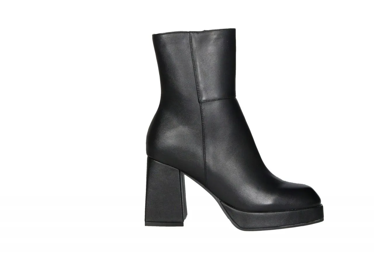 Botin Cremallera Piel Negro CaÑa Corte Pespuntes Tacon Grueso Alto