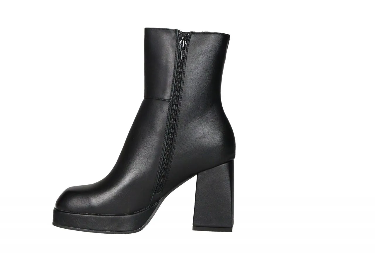 Botin Cremallera Piel Negro CaÑa Corte Pespuntes Tacon Grueso Alto