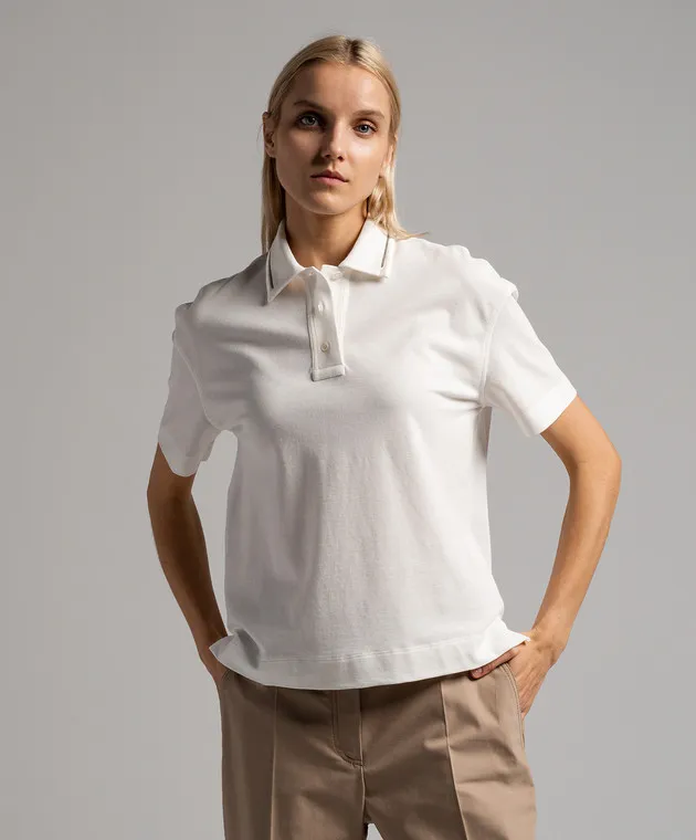Brunello Cucinelli White polo shirt with monil chain