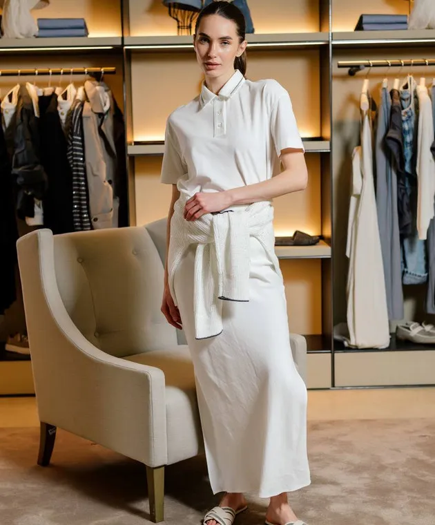 Brunello Cucinelli White polo shirt with monil chain