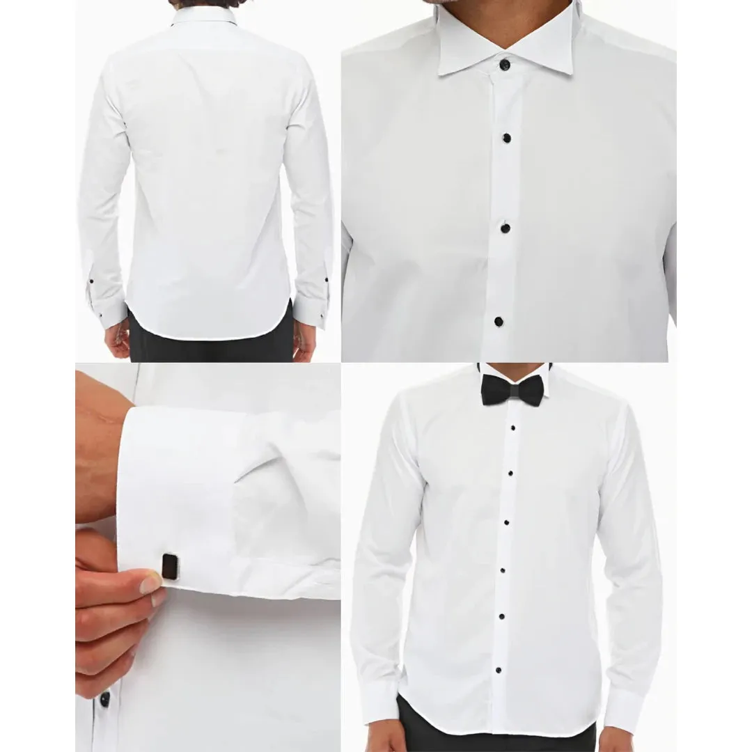 Camisa de cuello ala para hombres Tuxedo blanca doble manguito cena clásico