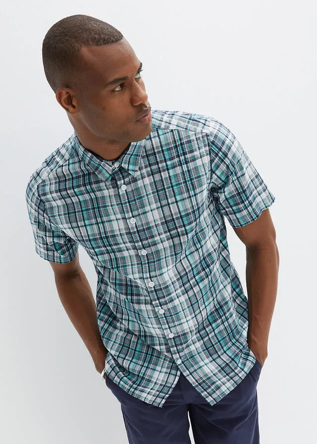 Camisa de manga corta con estampado de cuadros y corte cómodo Blanco + verde agua de cuadros