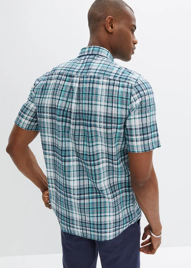 Camisa de manga corta con estampado de cuadros y corte cómodo Blanco + verde agua de cuadros