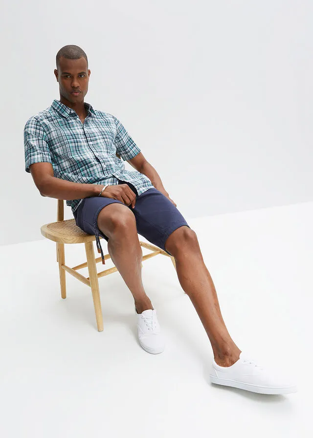 Camisa de manga corta con estampado de cuadros y corte cómodo Blanco + verde agua de cuadros