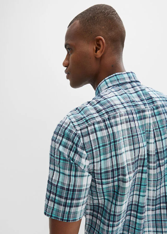 Camisa de manga corta con estampado de cuadros y corte cómodo Blanco + verde agua de cuadros