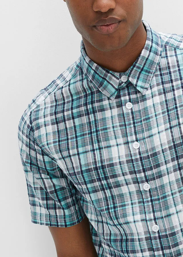 Camisa de manga corta con estampado de cuadros y corte cómodo Blanco + verde agua de cuadros