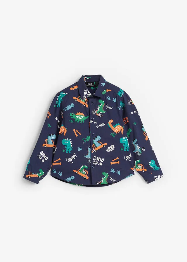 Camisa de manga larga con corte slim y estampado de dinosaurios para chicos Azul marino