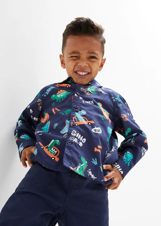 Camisa de manga larga con corte slim y estampado de dinosaurios para chicos Azul marino