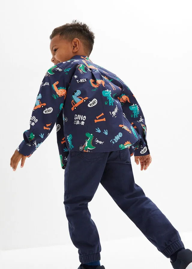 Camisa de manga larga con corte slim y estampado de dinosaurios para chicos Azul marino
