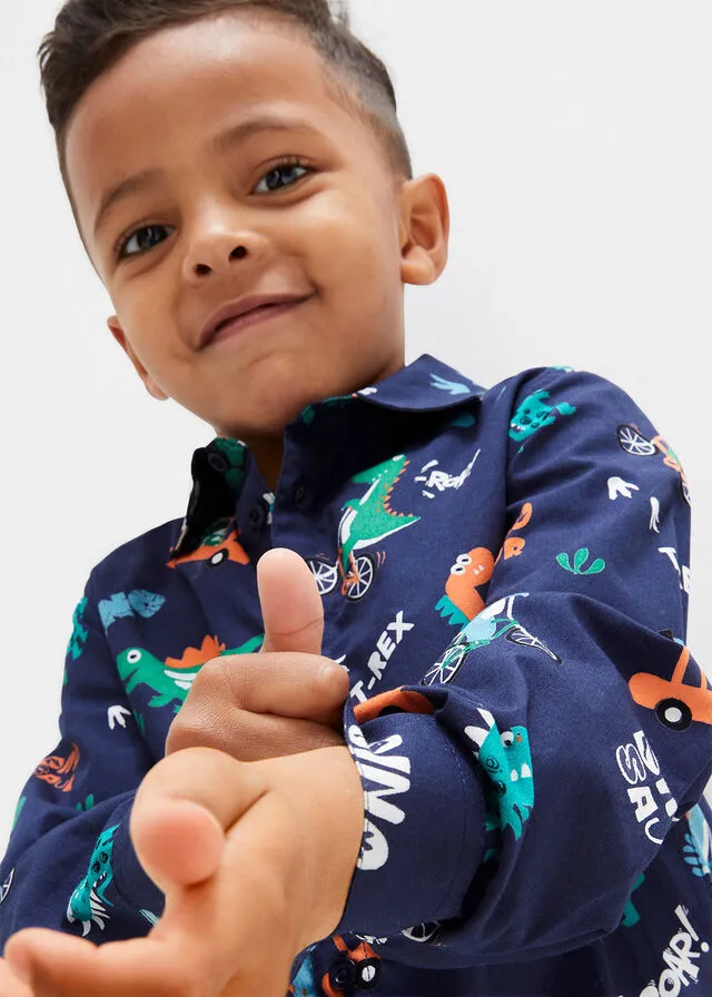Camisa de manga larga con corte slim y estampado de dinosaurios para chicos Azul marino