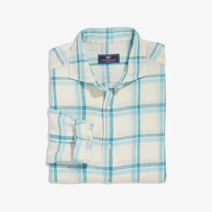 Camisa M/L Linen Plaid Spread Collar Shirt