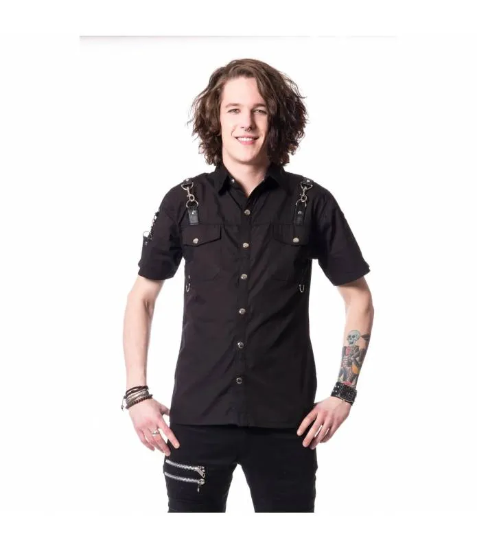 Camisa Re Hombre Negra Manga Corta Correas Espalda Bolsillos Pecho Innocent