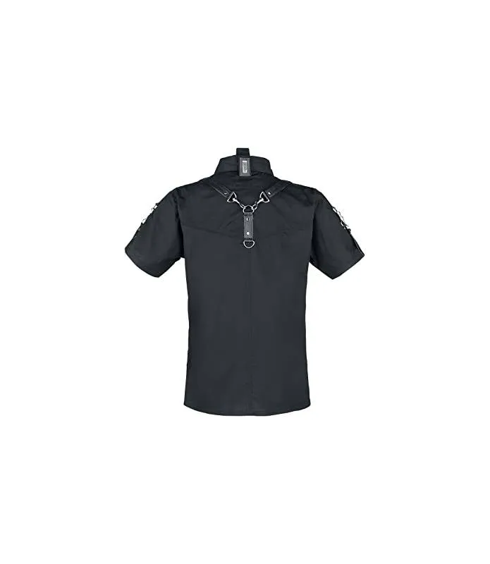 Camisa Re Hombre Negra Manga Corta Correas Espalda Bolsillos Pecho Innocent