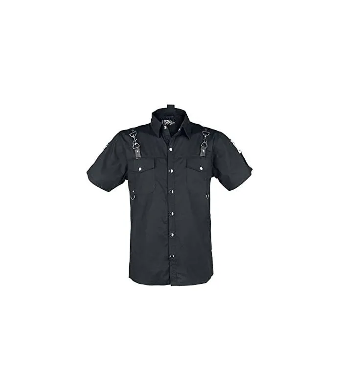 Camisa Re Hombre Negra Manga Corta Correas Espalda Bolsillos Pecho Innocent