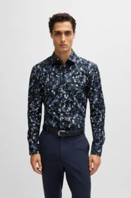 Camisa slim fit de popelín de algodón elástico estampado