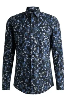 Camisa slim fit de popelín de algodón elástico estampado