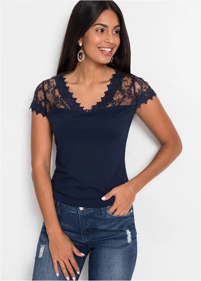 Camiseta con encaje de viscosa sostenible Azul oscuro